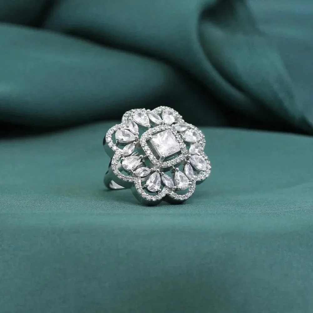 Royal Bloom American Diamond Cocktail Ring | Floral Halo Statement Ring